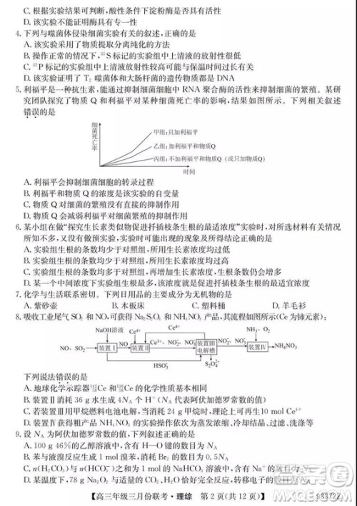 2019年全国高三年级三月份联考理综试卷及参考答案