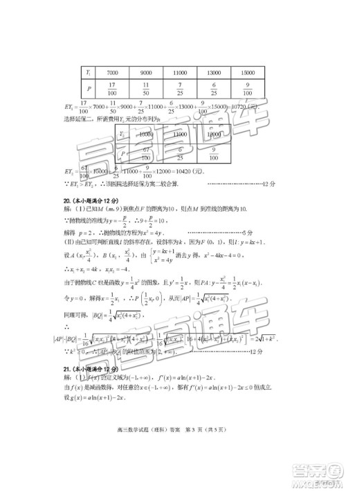 2019年合肥二模理数试题及参考答案