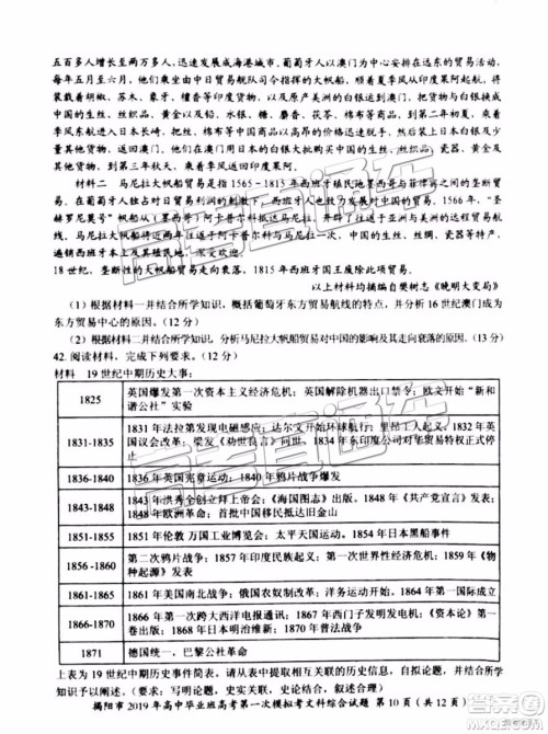 2019年揭阳一模文综理综试题及参考答案 2019年揭阳一模文综理综试题及参考答案