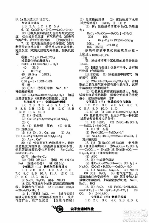 2019年尖子生新课堂课时作业化学九年级下册HJ版沪教版参考答案