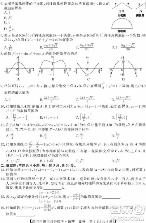 2019年毛坦厂中学高三3月联考文科数学试题及答案