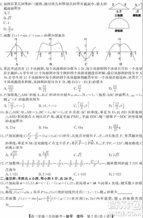 2019年毛坦厂中学高三3月联考理科数学试题及答案