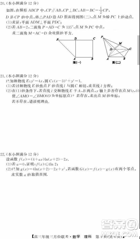 2019年毛坦厂中学高三3月联考理科数学试题及答案