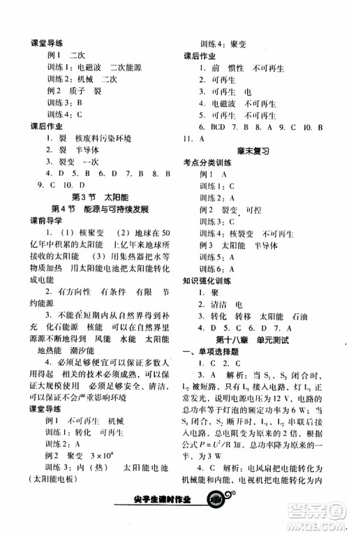 2019年尖子生新课堂课时作业物理九年级下R版人教版参考答案