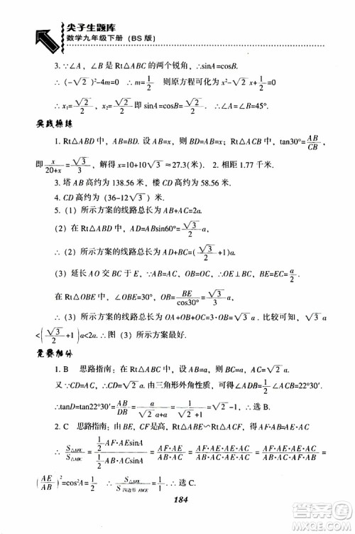 2019年尖子生题库数学九年级下册BS版北师版参考答案