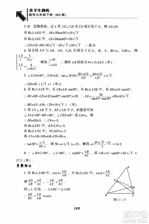 2019年尖子生题库数学九年级下册BS版北师版参考答案