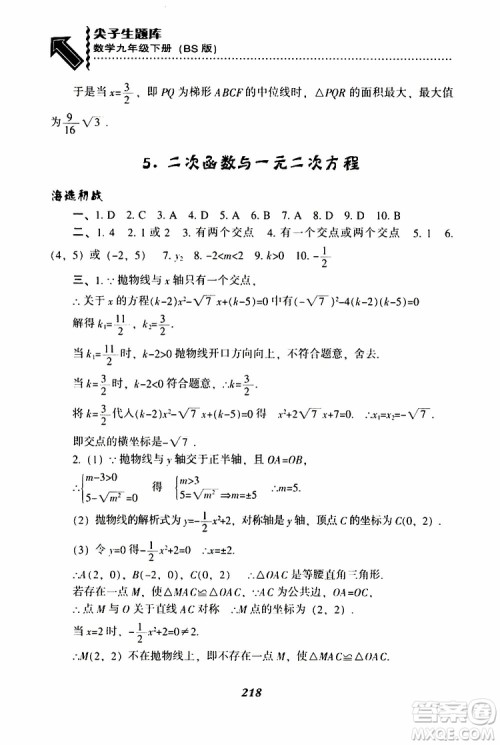 2019年尖子生题库数学九年级下册BS版北师版参考答案