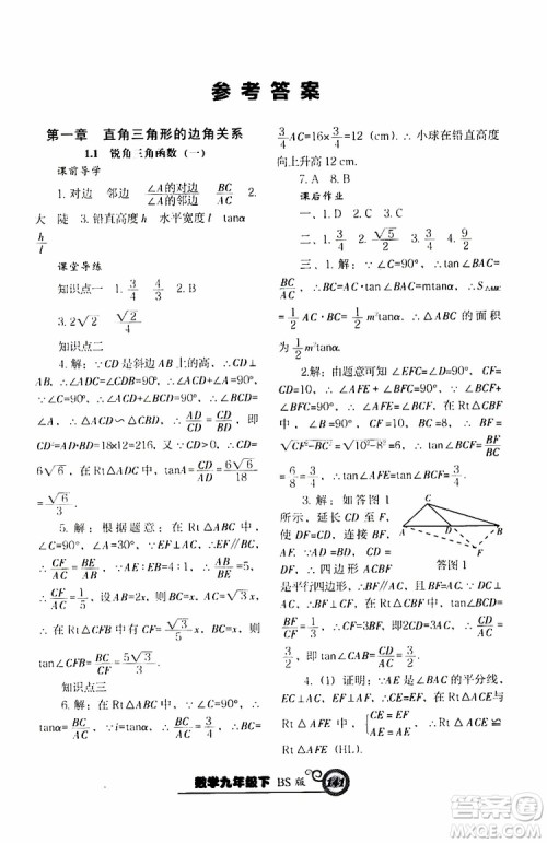 2019年尖子生新课堂课时作业九年级下数学BS版北师版参考答案 2019年尖子生新课堂课时作业九年级下数学BS版北师版参考答案