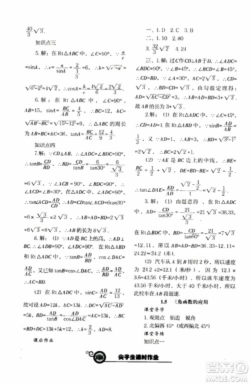 2019年尖子生新课堂课时作业九年级下数学BS版北师版参考答案 2019年尖子生新课堂课时作业九年级下数学BS版北师版参考答案