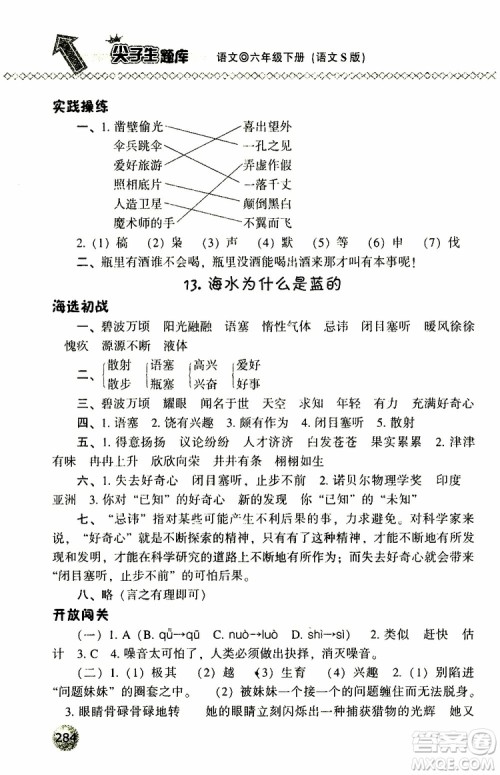 2019年尖子生题库六年级语文下册语文版参考答案 2019年尖子生题库六年级语文下册语文版参考答案