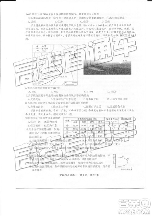 2019年3月上饶二模高三文综理综试题及参考答案