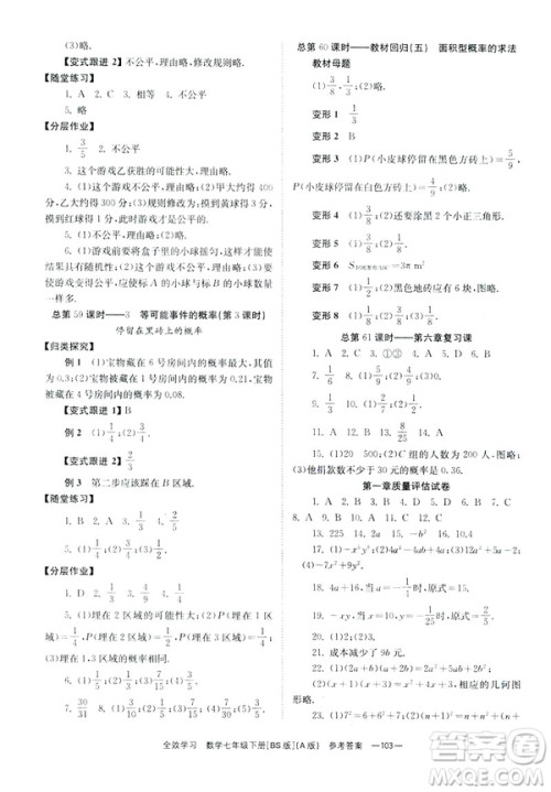 2019版全效学习学业评价方案数学七年级下册A册BS北师大版答案 2019版全效学习学业评价方案数学七年级下册A册BS北师大版答案