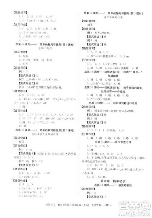 2019版全效学习学业评价方案数学七年级下册A册BS北师大版答案 2019版全效学习学业评价方案数学七年级下册A册BS北师大版答案