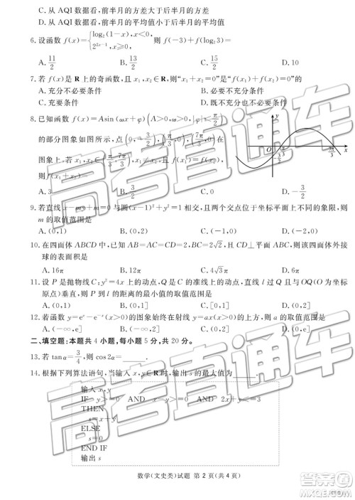 2019年广安、眉山、遂宁、内江、资阳、乐山六市二诊文理数试题及参考答案