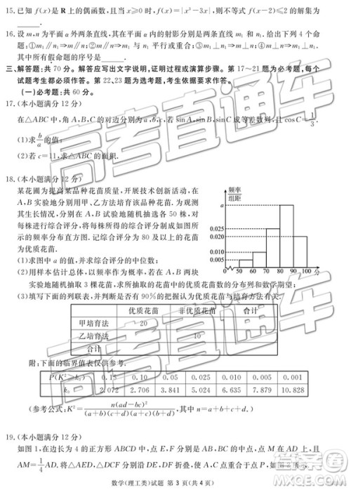 2019年广安、眉山、遂宁、内江、资阳、乐山六市二诊文理数试题及参考答案