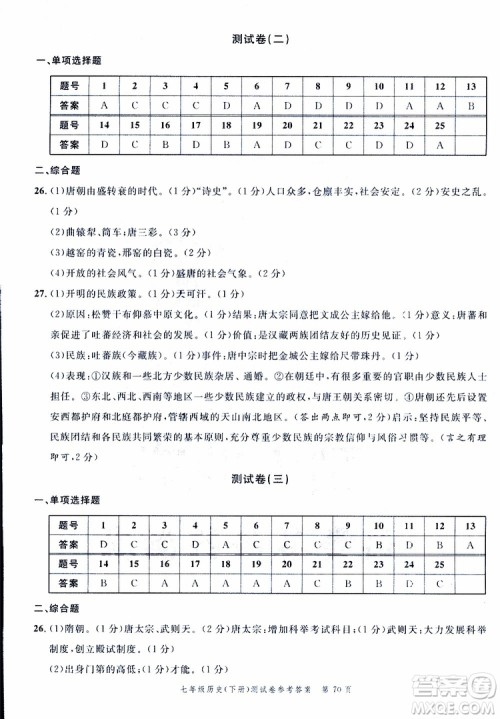 南粤学典2019年名师金典测试卷历史七年级下R版人教版参考答案