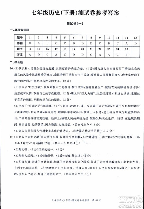 南粤学典2019年名师金典测试卷历史七年级下R版人教版参考答案 南粤学典2019年名师金典测试卷历史七年级下R版人教版参考答案