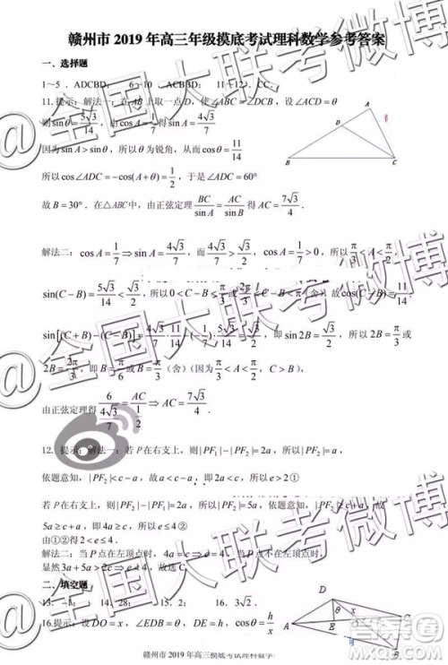2019年赣州一模文数理数答案解析 2019年赣州一模文数理数答案解析