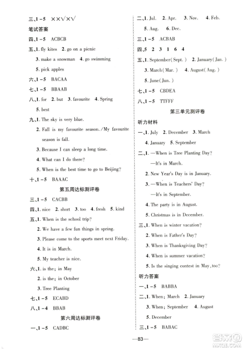 2019年春优加全能大考卷五年级下册英语人教PEP版参考答案