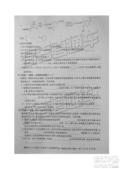 2019年柳州三模高三文理综试卷及参考答案 2019年柳州三模高三文理综试卷及参考答案