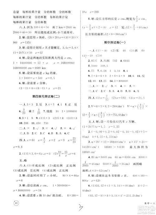 2019版优化设计单元测试卷6年级数学下册RJ版参考答案