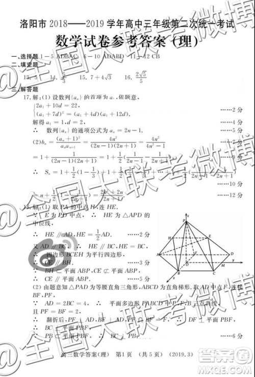 2019年3月洛阳二练文数理数答案解析