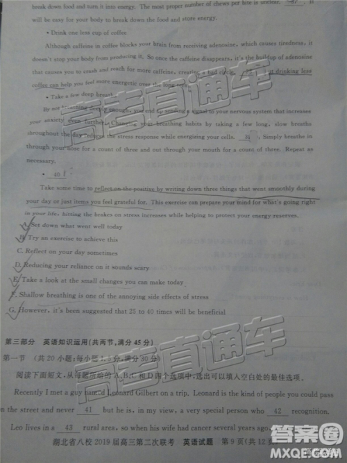 2019年湖北八校第二次联考英语试题及参考答案 2019年湖北八校第二次联考英语试题及参考答案