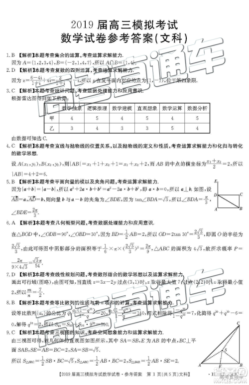 2019年3月江西金太阳高三数学参考答案 2019年3月江西金太阳高三数学参考答案