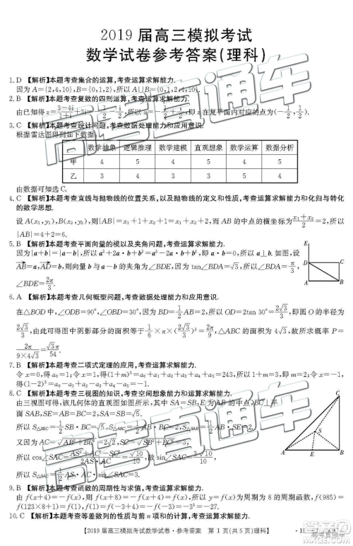 2019年3月江西金太阳高三数学参考答案