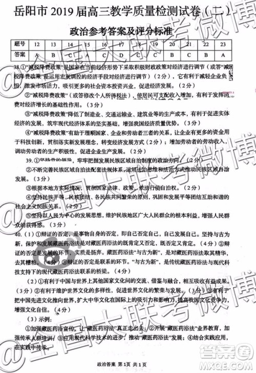 2109年岳阳二模文综理综参考答案 2109年岳阳二模文综理综参考答案
