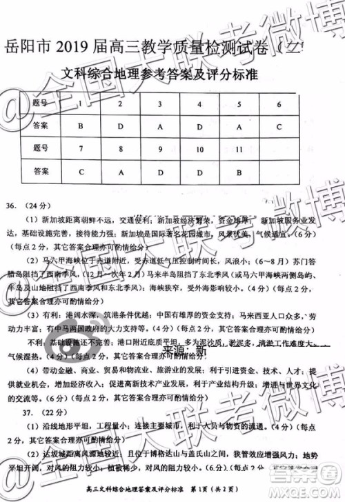 2109年岳阳二模文综理综参考答案 2109年岳阳二模文综理综参考答案