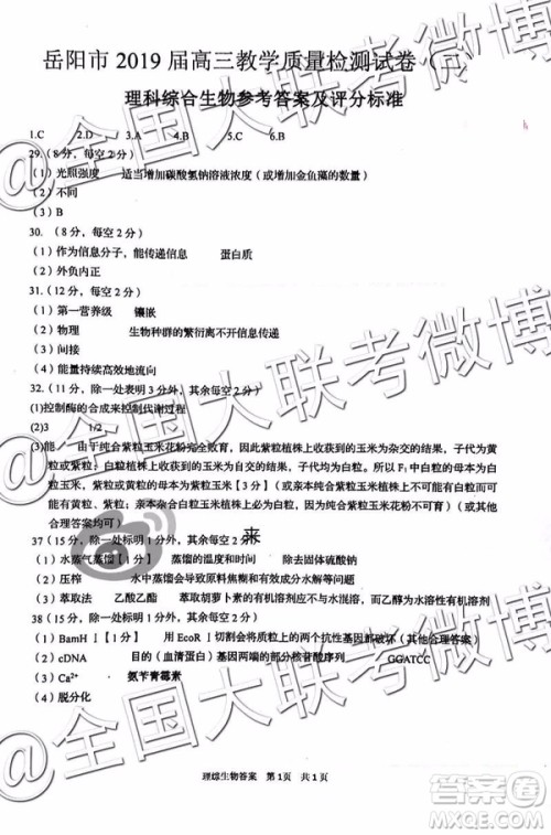 2109年岳阳二模文综理综参考答案 2109年岳阳二模文综理综参考答案