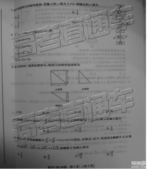 2019年济南一模高三理数试卷及参考答案