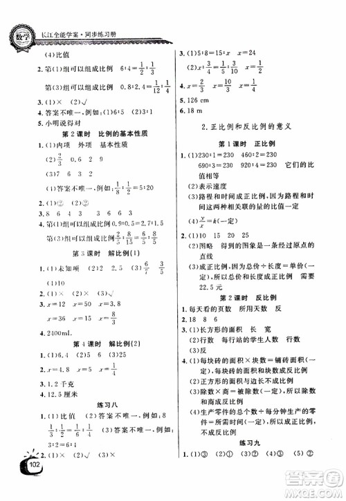 2019版长江全能学案同步练习册六年级下册数学人教版参考答案