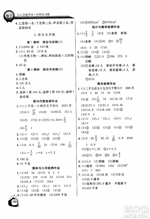 2019版长江全能学案同步练习册六年级下册数学人教版参考答案