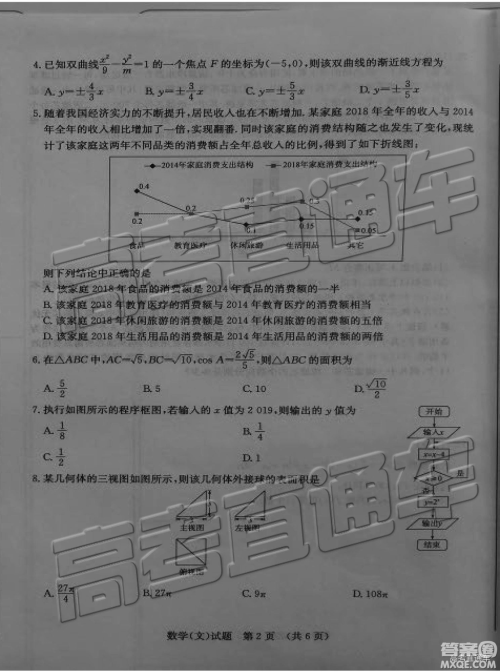 2019年济南一模高三文数试卷及参考答案