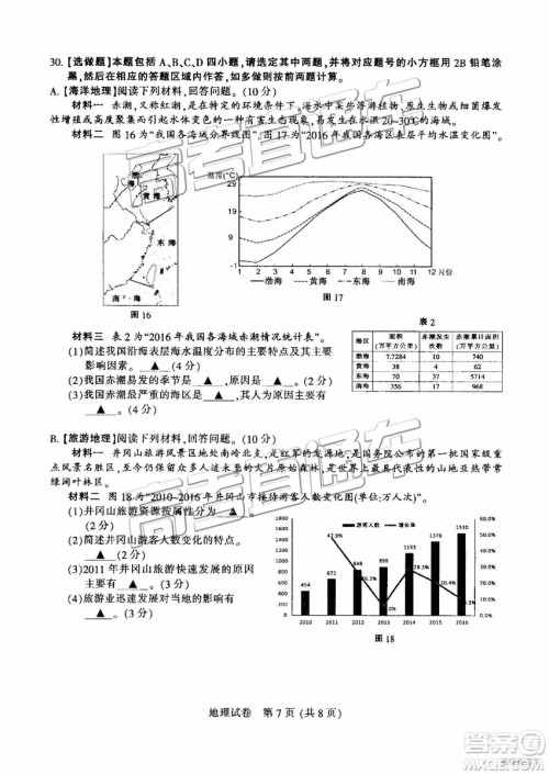 2019年江苏七市二模地理试题及参考答案