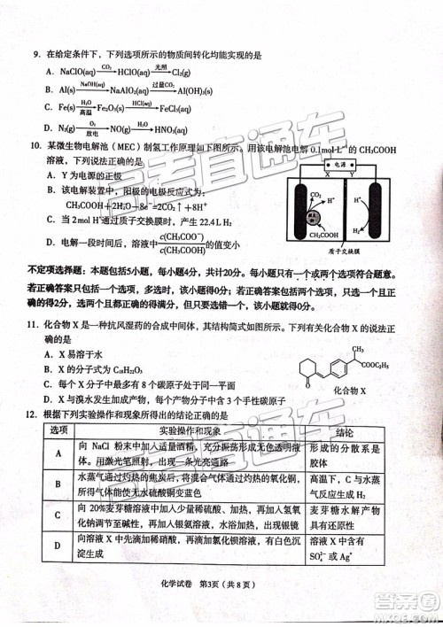 2019年3月江苏七市二模化学试题及参考答案