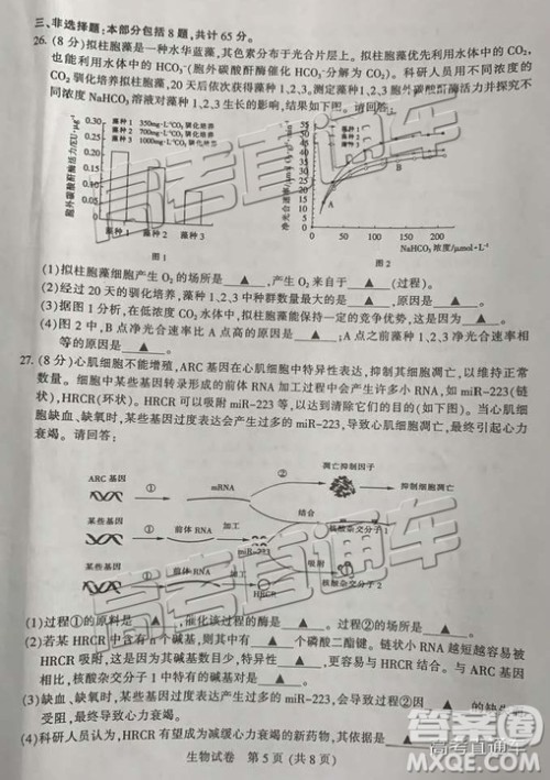 2019年3月江苏七市二模生物试题及参考答案