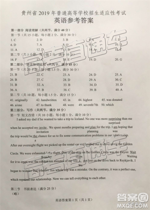 2019年贵州省统测英语试题及参考答案