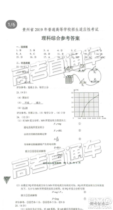 2019年高三贵州省统测文理综试题及参考答案