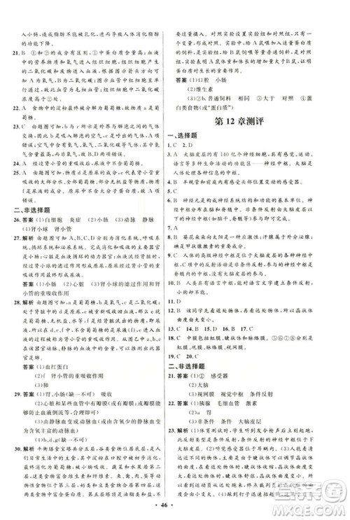 2019春初中同步测控优化设计生物七年级下册北师大版参考答案