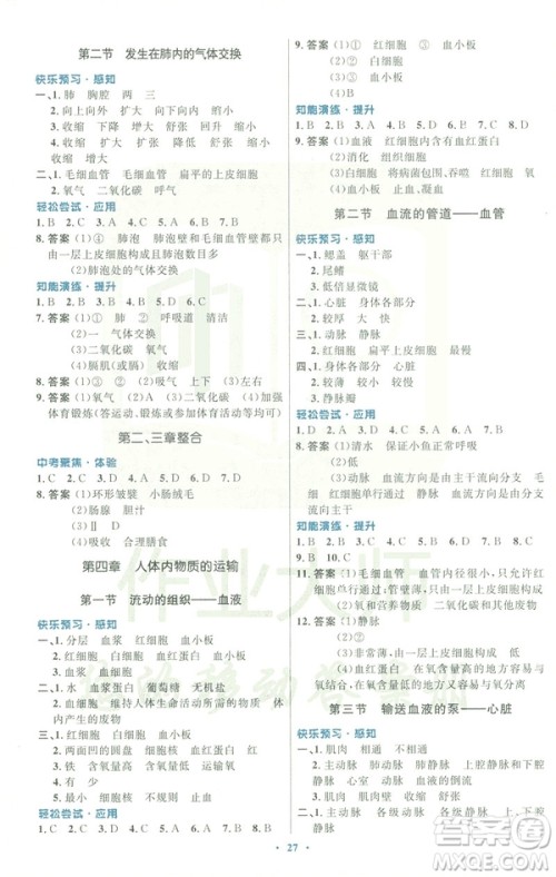 福建专版2019年人教版初中同步测控优化设计七年级生物学下册答案