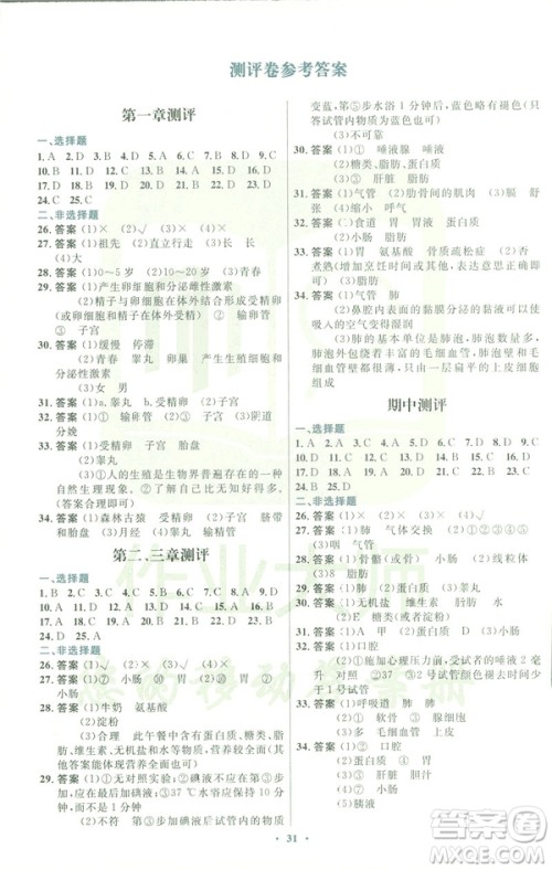 福建专版2019年人教版初中同步测控优化设计七年级生物学下册答案