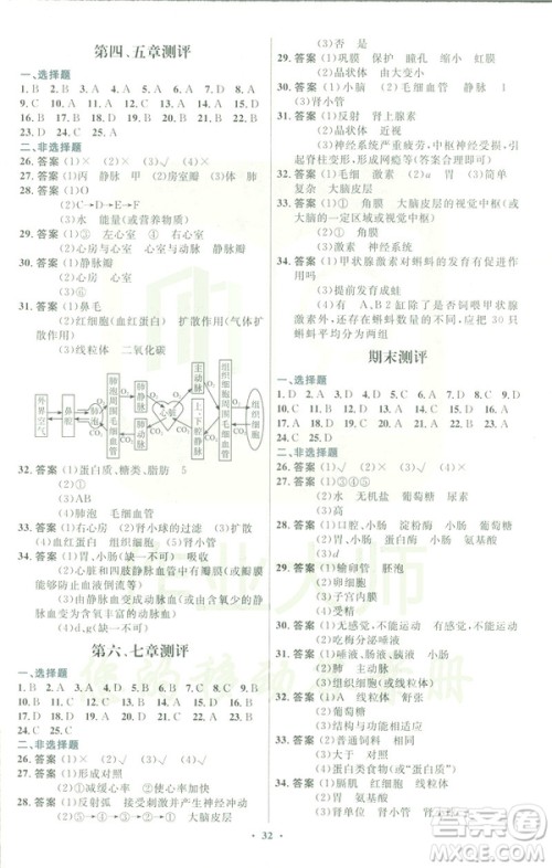 福建专版2019年人教版初中同步测控优化设计七年级生物学下册答案 福建专版2019年人教版初中同步测控优化设计七年级生物学下册答案