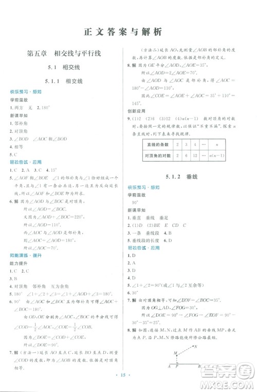 2019年优化设计七年级数学下册人教版初中同步测控优化设计答案