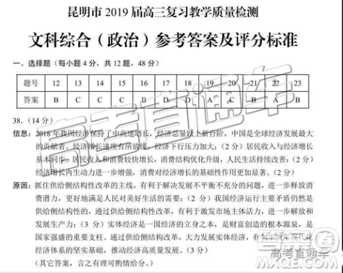 2019年4月昆明二统文综参考答案 2019年4月昆明二统文综参考答案