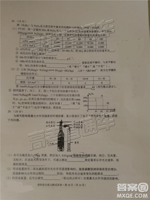 2019年昆明二统理综试题及参考答案