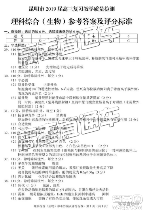 2019年昆明二统理综试题及参考答案 2019年昆明二统理综试题及参考答案