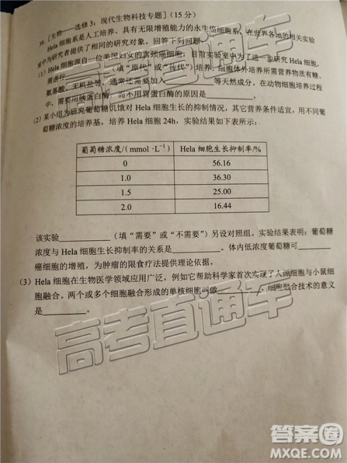 2019年昆明二统理综试题及参考答案